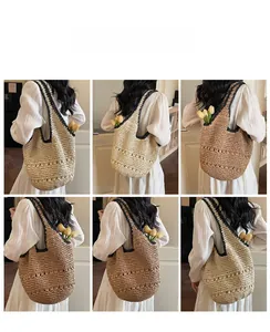 Detailed views of handmade woven straw tote bags in beige and brown with hollow patterns