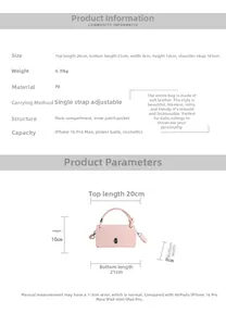 Detailed size chart and specifications for the pink PU leather rectangular handbag