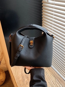Women Litchi Grain PU Leather Bucket Bag Elegant Top Handle Handbag Metal Lock Crossbody Shoulder Bag For Daily Commute