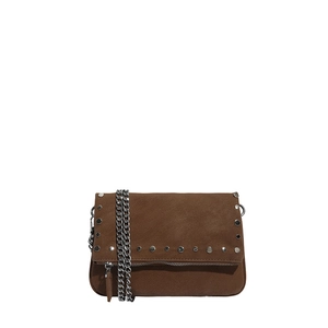 Vintage brown suede handbag with silver rivets and metal chain strap for women