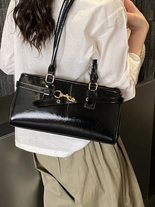 French retro black glossy patent leather underarm handbag with gold metal hardware