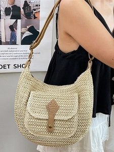 Sac Selle en Paille Tissée Bohémien pour Femmes Sac à Bandoulière Mode Avec Bandoulière en Cuir PU Réglable Sac Hobo de Voyage d'Été à la Plage