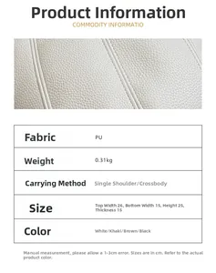 Detail showing high-quality PU leather texture and structured size specs for bucket bag