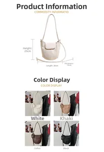 Detailed size specifications and four available colors for this textured bucket bag