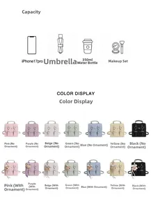 Detailed grid showing seven colors of minimalist backpacks with capacity guide