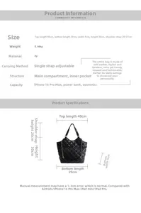 Detailed size chart for black quilted tote bag with specific dimensions and measurements