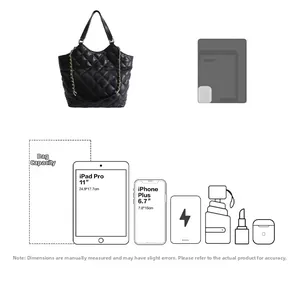 Quilted tote bag capacity guide showing iPad and iPhone size comparison with chain strap
