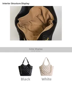Close-up of quilted bucket bag interior with large capacity and gold chain strap detail