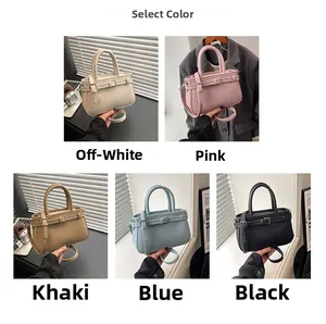Litchi pattern leather handbags in five colors: beige, pink, khaki, blue, and black
