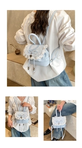 Vues détaillées du mini sac à dos bleu clair à pois avec dentelle et petit noeud