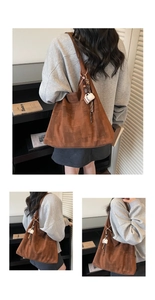 Close-up of brown canvas patchwork tote bag with cute coffee cup charm accessory