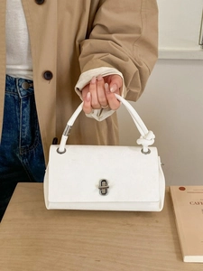 Minimalist PU Leather Small Square Shoulder Bag For Women Retro Knotted Handle Handbag With Silver Rotary Lock Elegant Crossbody Bag