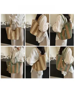 Detail shots of striped woven shoulder bags with tassels and woven straps in two colors