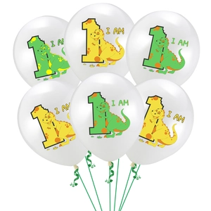 Set of 6 white 12-inch dinosaur print balloons for children's first birthday party