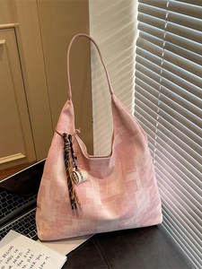 Pink and white geometric canvas tote bag with slim leather straps and coffee cup charm