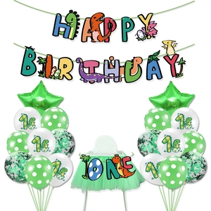 Dinosaur 1st birthday party set with green balloon kit and happy birthday banner