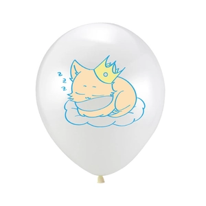 12-inch white latex balloon with a cute crown-wearing cat sleeping on a blue cloud