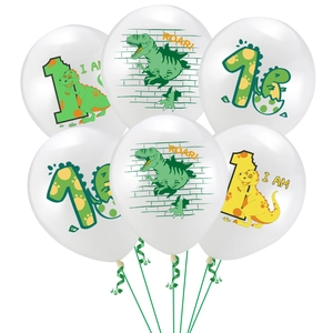12 inch white dinosaur printed latex balloons with green ribbons for first birthday party