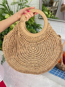 Sac Bandoulière en Paille Tressée pour Femme Grande Capacité Sac de Plage Artisanal Vacances d'Été avec Décor de Pompons
