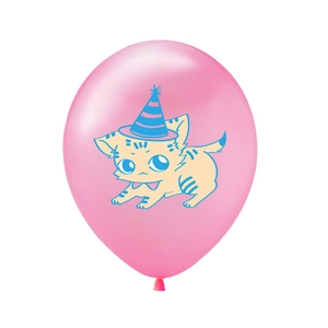 Pink latex party balloon featuring a cute cartoon kitten wearing a striped blue party hat