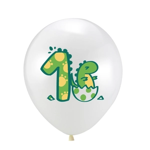 12-inch white dinosaur latex balloon with number one and hatchling for 1st birthday decor