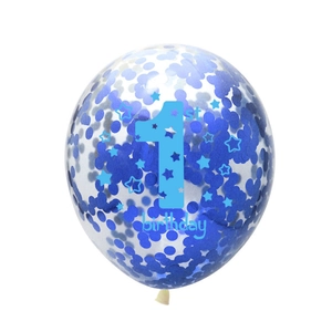 Blue confetti filled latex balloon with 1st birthday star print for party decor