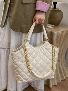 Women Quilted Rhombus Tote Bag Large Capacity PU Leather Handbag With Gold Chain Strap Minimalist Elegant Shoulder Bag