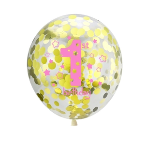 Detail of 12-inch clear 1st birthday balloon with gold confetti and pink star patterns