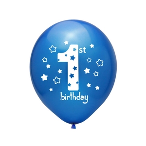 Detail of blue 1st birthday latex balloon with white number 1 and stars print