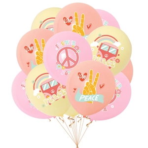 Retro Hippie Groovy party balloon set with Peace Love patterns in macaron colors