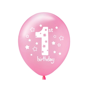 Pink 1st birthday latex balloon with white stars and number 1 for party decoration