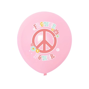 Pink hippie groovy latex balloon featuring Flower Power text and peace sign for party decor