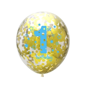 Detail of clear latex balloon with gold confetti and blue 1st birthday star print