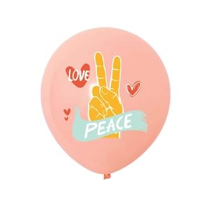 Groovy hippie party balloon in coral pink featuring peace sign and love graphics