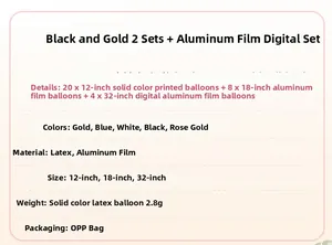 Detailed list showing 32 black and gold latex and foil graduation party balloons