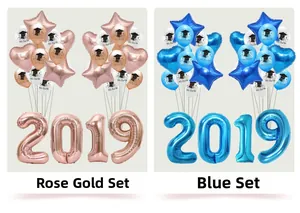 Detail view of rose gold and blue graduation balloon sets with star and heart foils