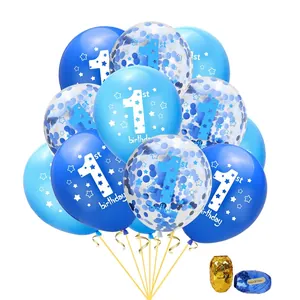 Blau-silbernes Ballon-Set zum 1. Geburtstag mit Konfetti-Ballons und Deko-Geschenkbändern