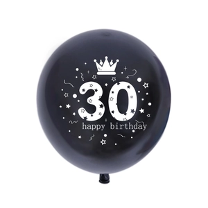Black 30th happy birthday latex balloon with white crown and star print for party decor