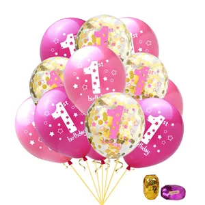 12-Zoll Ballon-Set zum 1. Geburtstag mit rosa Latex- und Goldkonfetti-Ballons und Bändern