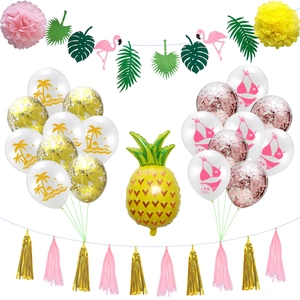 Kit déco fête tropicale avec bannière flamant rose, ballon ananas et ballons en latex colorés