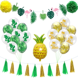 Kit fête hawaïenne avec bannière flamant rose, ballon ananas et ballons cactus en latex