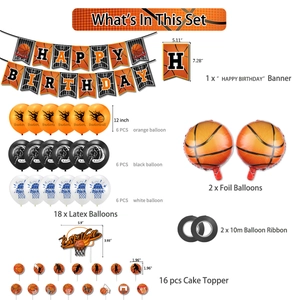 Set déco anniversaire basket avec bannières, ballons et cake toppers en orange et noir