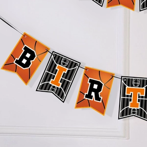 Bannière d'anniversaire basketball avec texture de ballon et lettres noires déco
