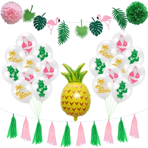Kit déco fête hawaïenne avec ballon ananas bannière flamant rose et ballons en latex cactus