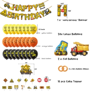Kit fête chantier avec bannière Happy Birthday, ballons camions et pics à gâteaux