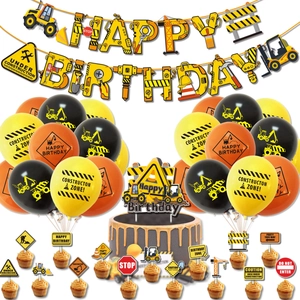 Kit déco anniversaire chantier avec bannière joyeux anniversaire et ballons tracteur