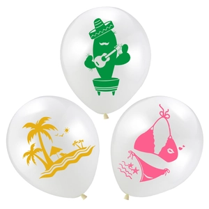 Ballons de fête Hawaï en latex avec imprimés cactus, plage et bikini sur fond blanc
