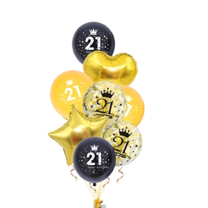 Black and gold 21st birthday balloon set with heart, star and confetti latex balloons