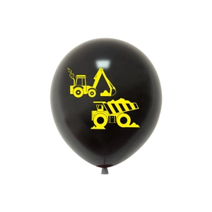 Detailed view of a black latex party balloon with yellow excavator and dump truck prints