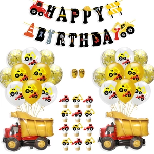 Construction theme birthday party set with banners, vehicle balloons and cake toppers